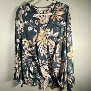 By Together Teal Feminine Floral Blouse Sz M Bell Ruffle Sleeve Top Lo High